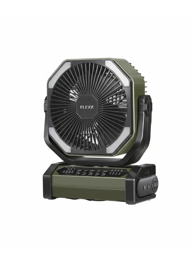 Flexy 8 Inch Rechargeable Fan, 10000mAh Battery, 30H Working, 60H LED, Remote Control, AC/DC, 3 Speeds, Oscillation, Overcharge Protection, USB Charging, 2-Year Warranty - Image 1